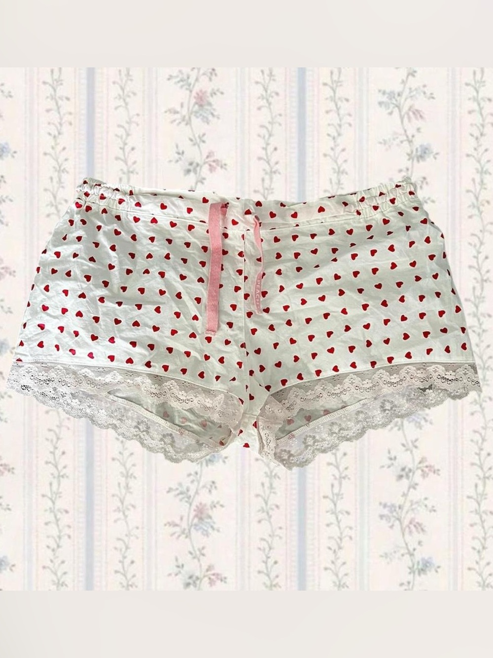 White & Red Heart Lace-Trim Sleep Shorts